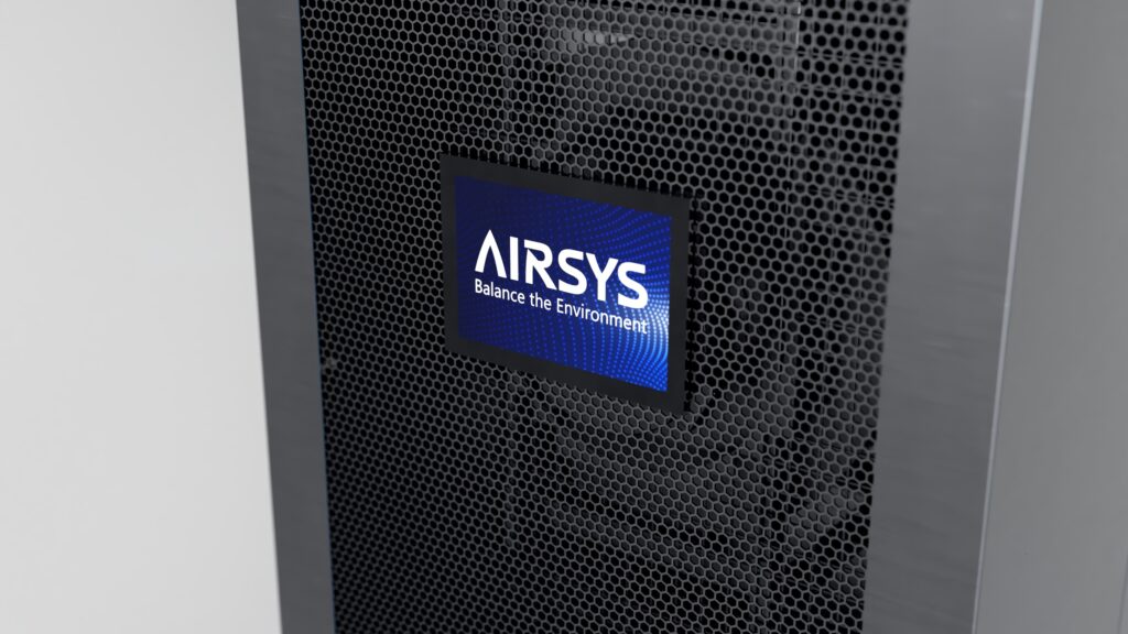 Painel frontal do InRow AIRSYS com detalhes de acesso e interface técnica