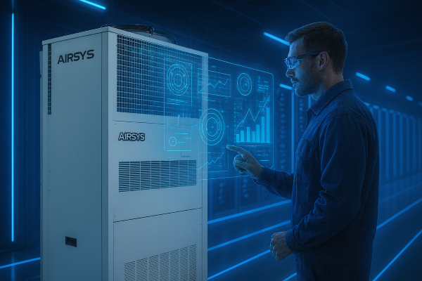 Unidade de resfriamento wall mounted instalada em corredor de data center de alta densidade
