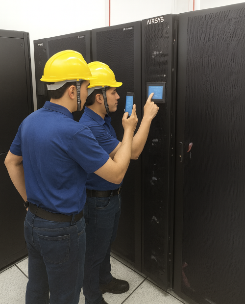 Detalhe de sistema InRow operando em layout modular de data center corporativo