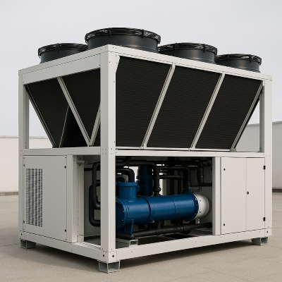 Unidade de chiller a ar instalada em cobertura de prédio comercial