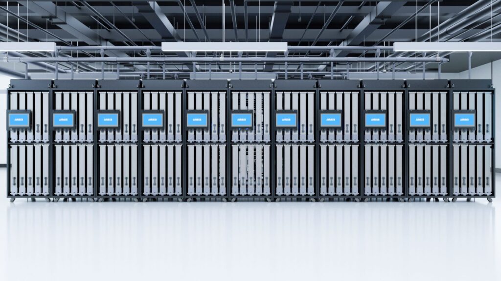 Rack de servidores com sistema de resfriamento líquido integrado.