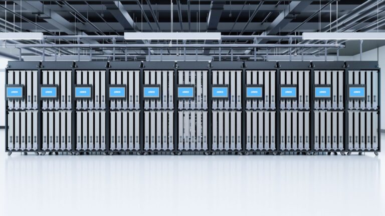 Rack de servidores com sistema de resfriamento líquido integrado.