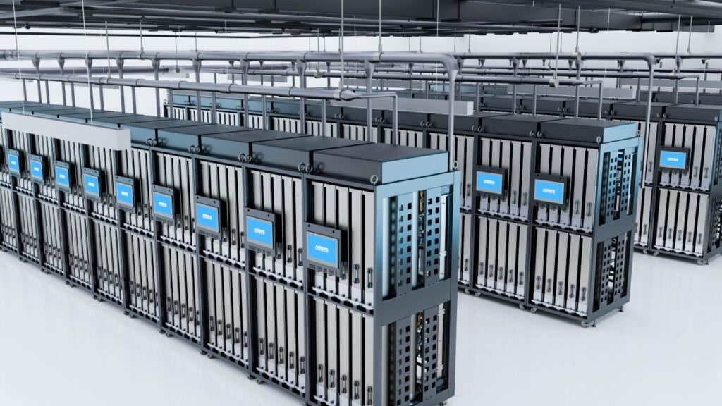 Rack completo com módulos de servidor e conexões de liquid cooling.